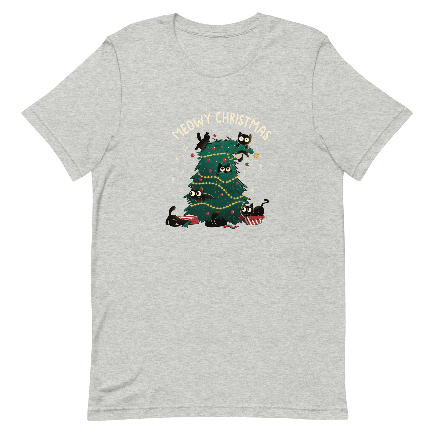 A Christmas tree full of black kittens hanging from it as if they were playing with it, an art that plays on how cats love Christmas trees. A perfect gift for anyone who loves Christmas and cats.