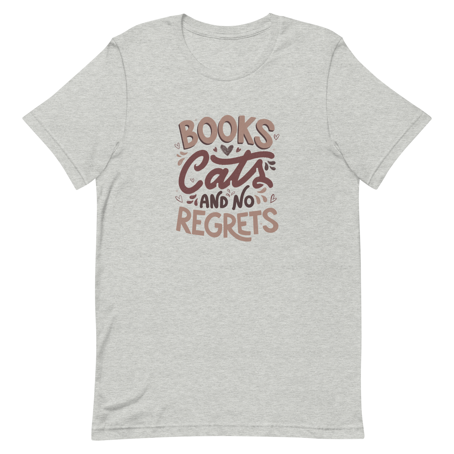 A stylish lettering with the phrase "Books, Cats, and No Regrets," decorated with hearts and cute details, conveys the idea that books and cats are all we need for a happy, regret-free life. Perfect for book lovers and cat lovers who enjoy prints full of personality.