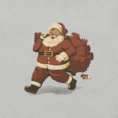 A cute Santa Claus carrying a red bag full of what appear to be gifts, but when you look closer you can see that there are several little boys. A fun art that mixes up the story that the good boys are going to get charcoal from Santa, but this time Santa is taking them.