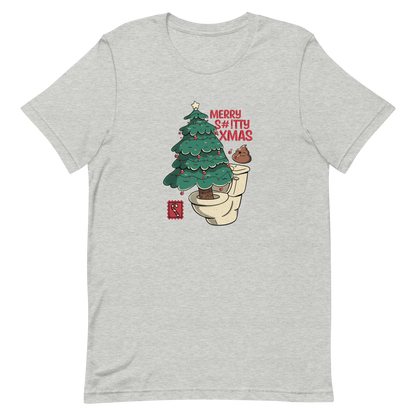 A toilet from which a Christmas tree is being decorated with Christmas decorations by a small poop, next to them the phrase "Merry Shitty Xmas". An art with a lot of humor for the Christmas mood.
