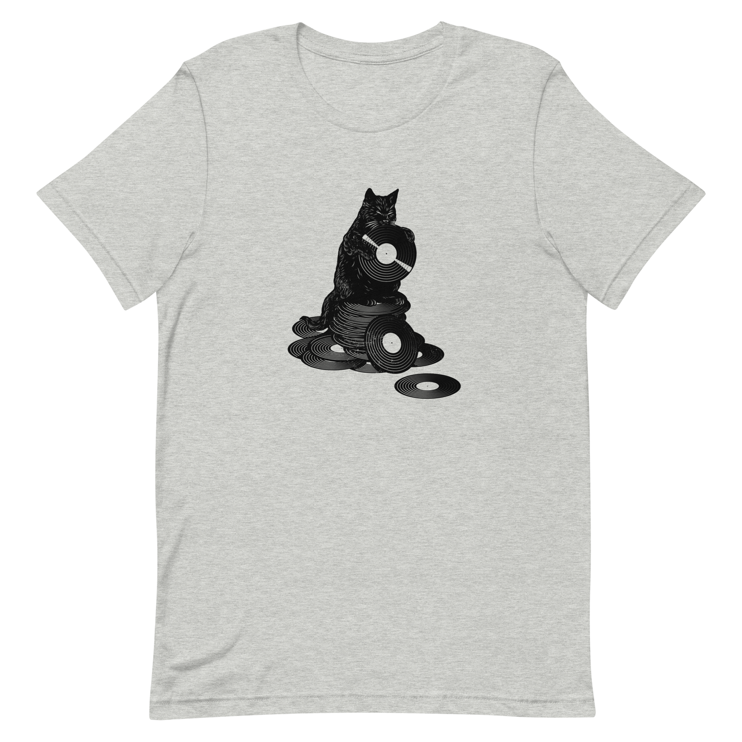 This design features a black cat cozily perched atop a stack of vinyl records, clutching one like it’s pure gold. It’s a tribute to analog lovers, feline charm, and the timeless joy of spinning a record. Perfect for music collectors, cat enthusiasts, and anyone with a nostalgic soul.