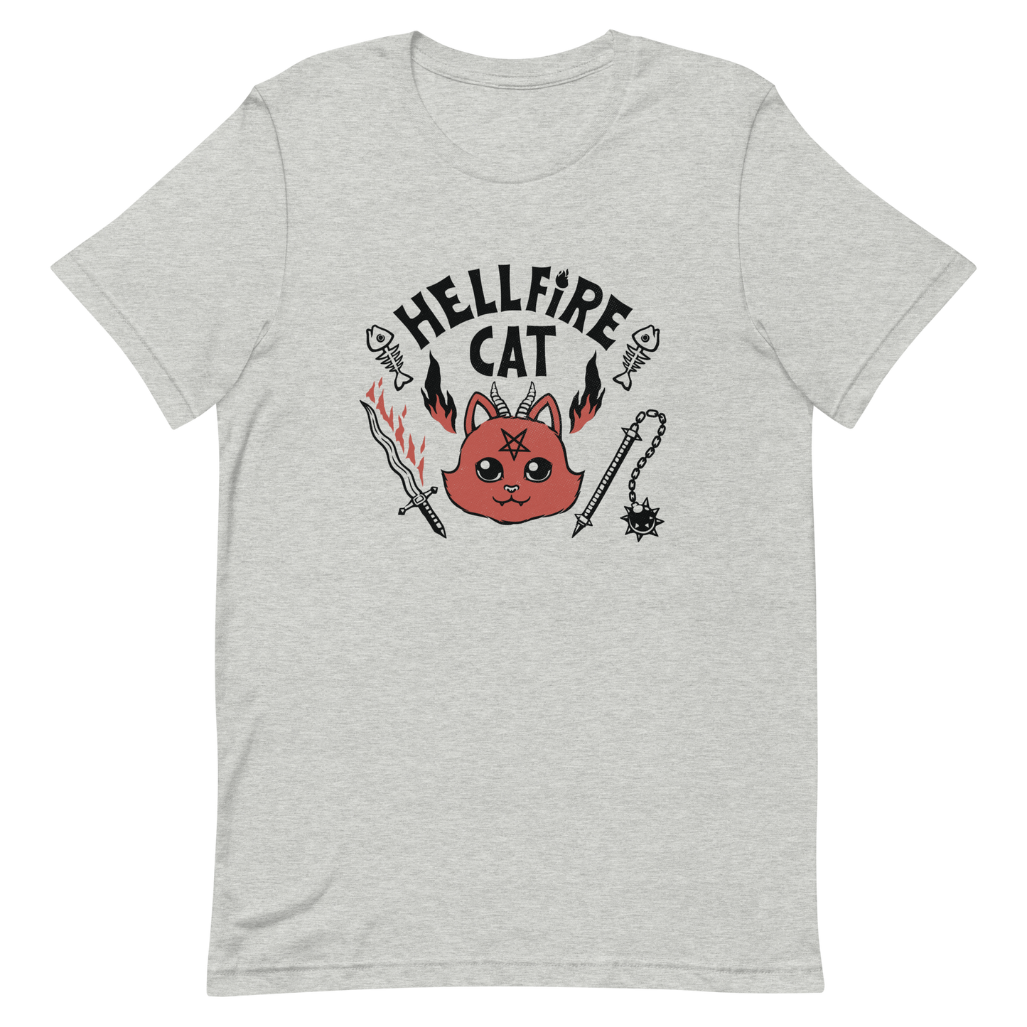 Vintage-style illustration of a cute red devil cat with small horns and a pentagram on its forehead, surrounded by flames, weapons, fish skeletons, and the bold phrase “Hellfire Cat” in a playful gothic design.