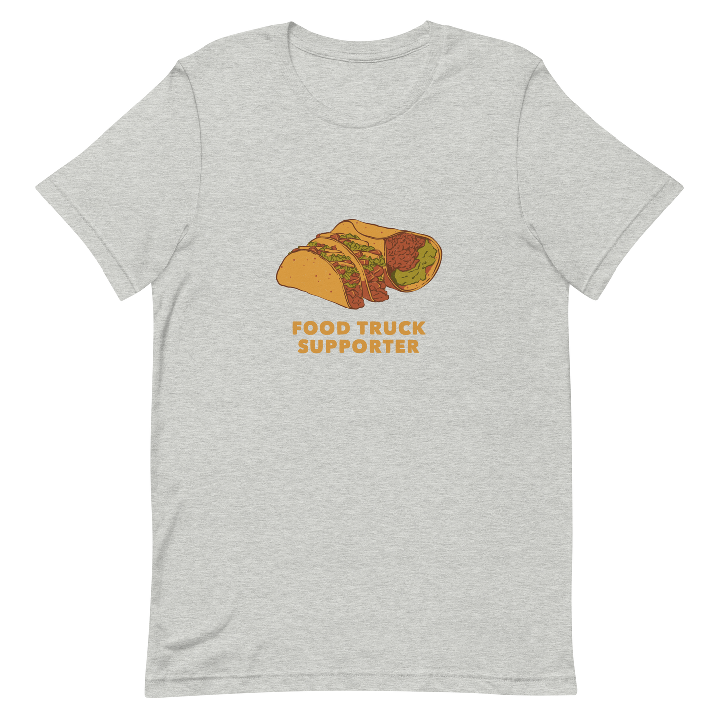 Two delicious tacos and a burrito with the phrase below "Food Truck Supporter". This design celebrates the love of street food and the joy of discovering amazing flavors on wheels. Perfect for Mexican food lovers, taco fans, and anyone who proudly supports local food trucks.