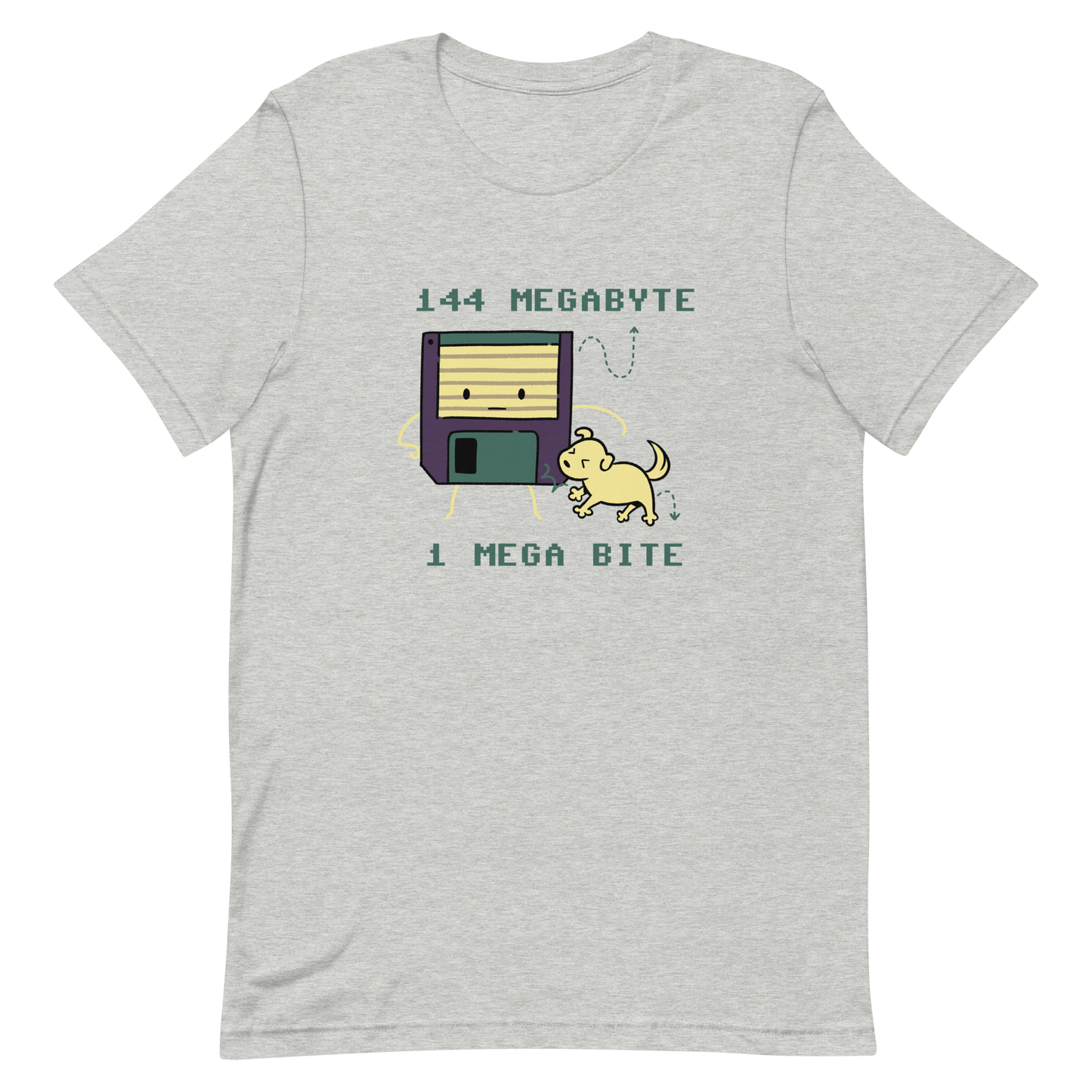 A cute floppy disk stands nervously while a little dog playfully bites its corner, with the text “144 Megabyte / 1 Mega Bite”. This clever pun mixes retro tech nostalgia with a dose of adorable chaos. Perfect for geeks, gamers and anyone who loves a good tech joke.