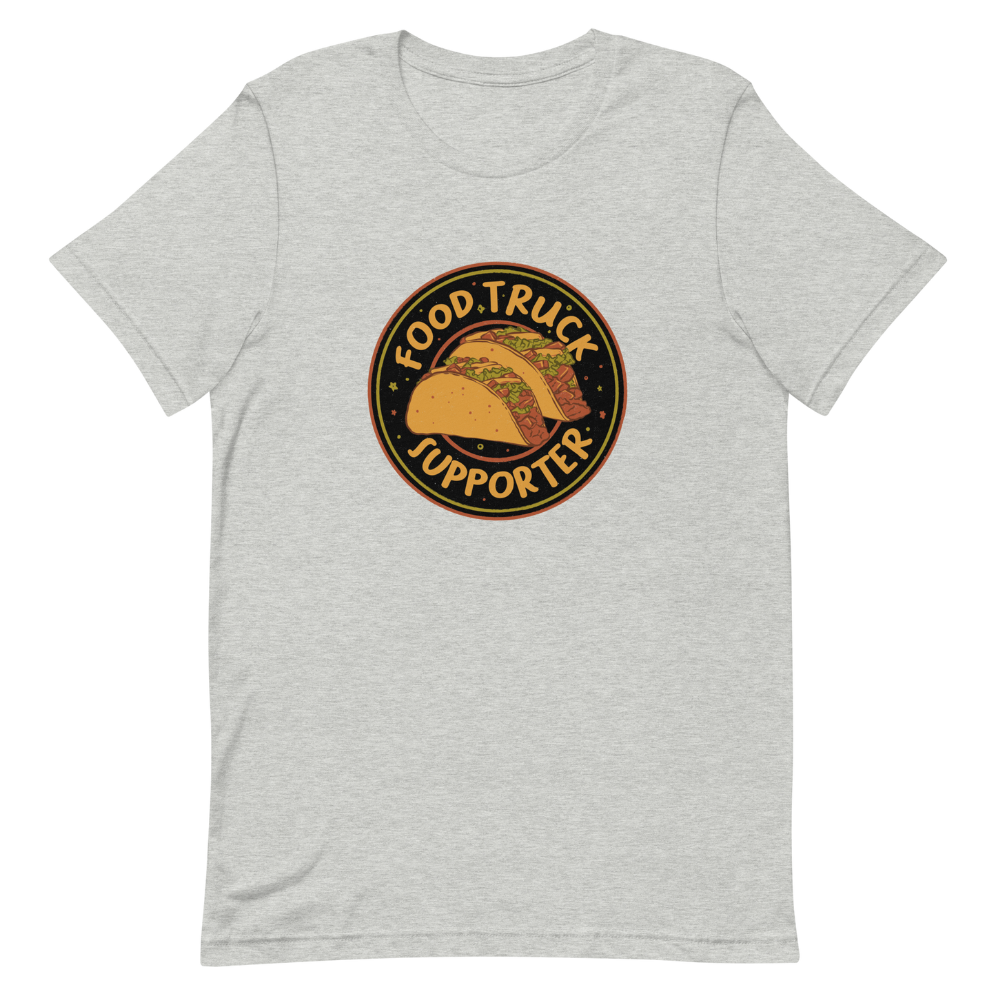 Two delicious tacos sit at the center of a bold circular badge under the phrase “Food Truck Supporter”. This design celebrates the love for street food and the joy of discovering amazing flavors on wheels. Perfect for foodies, taco lovers, and anyone who proudly supports their local food trucks.