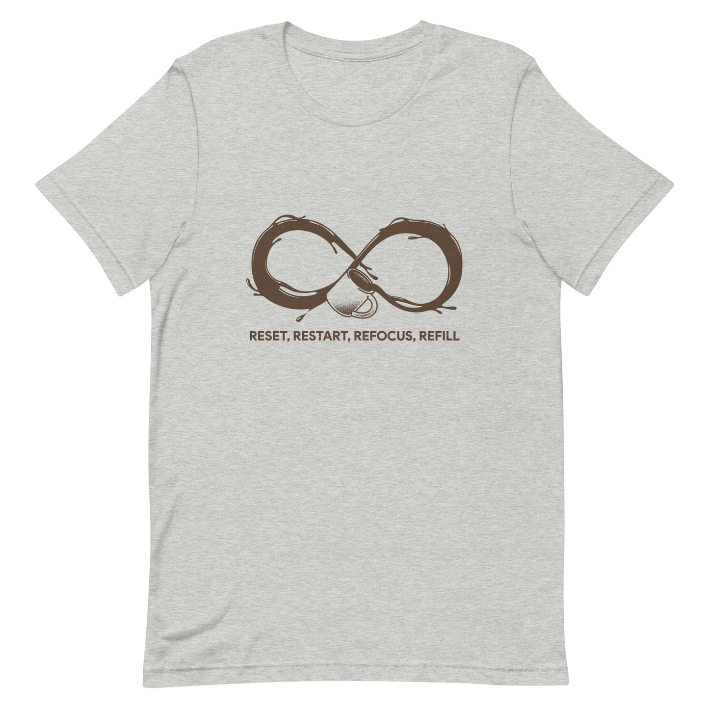 A coffee cup spills endlessly, forming an infinity symbol made of flowing coffee. This artwork celebrates the endless cycle of energy, focus, and motivation that keeps us going. Perfect for coffee lovers, caffeine addicts, and anyone who believes that every restart begins with a refill.