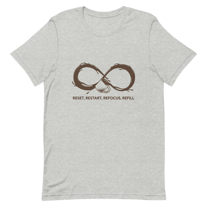 A coffee cup spills endlessly, forming an infinity symbol made of flowing coffee. This artwork celebrates the endless cycle of energy, focus, and motivation that keeps us going. Perfect for coffee lovers, caffeine addicts, and anyone who believes that every restart begins with a refill.