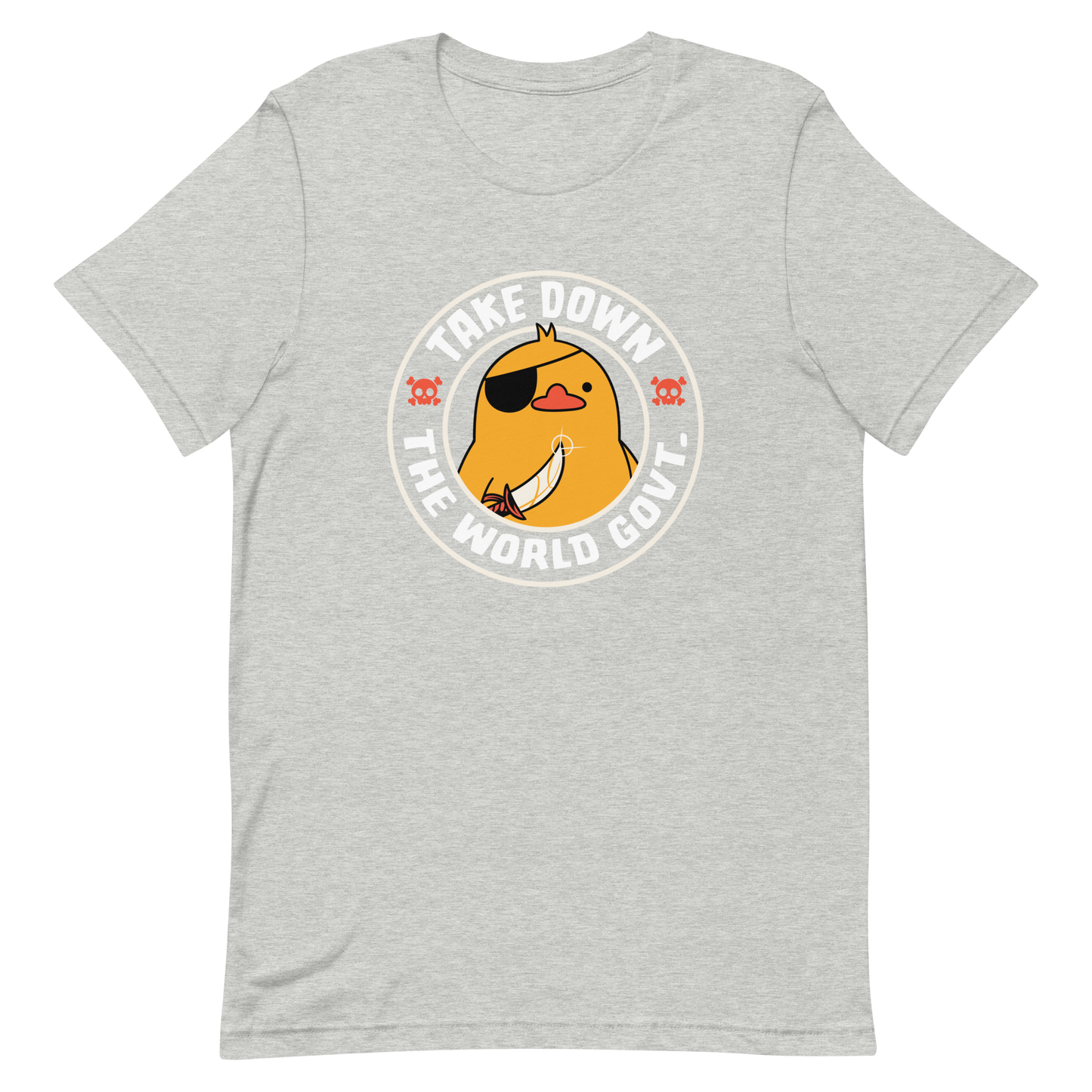 A stamp-like design featuring a fearless duck wearing an eyepatch and wielding a sword, with the words “Take Down The World Govt.” written around it. This artwork represents rebellion and independence for those who refuse to follow rules . Ideal for free-spirited people, pirate adventures appreciators, duck lovers or those who simply enjoy unique and irreverent art.