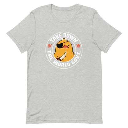 A stamp-like design featuring a fearless duck wearing an eyepatch and wielding a sword, with the words “Take Down The World Govt.” written around it. This artwork represents rebellion and independence for those who refuse to follow rules . Ideal for free-spirited people, pirate adventures appreciators, duck lovers or those who simply enjoy unique and irreverent art.