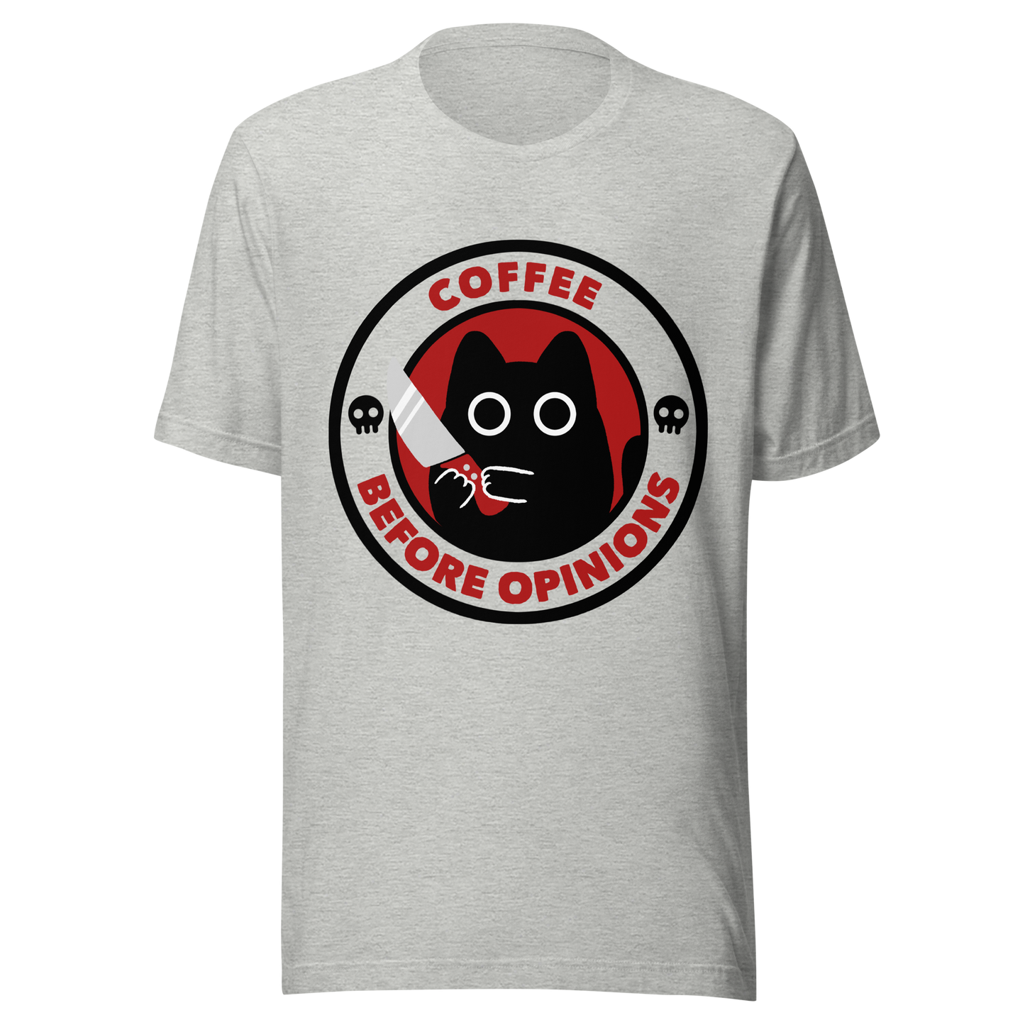 The illustration, in shades of red and black, features a wide-eyed black kitten holding a knife at the centre. Surrounding the cat is the phrase ‘Coffee Before Opinions’. A fun and cheeky gift for those who love cats and can’t function without their coffee.