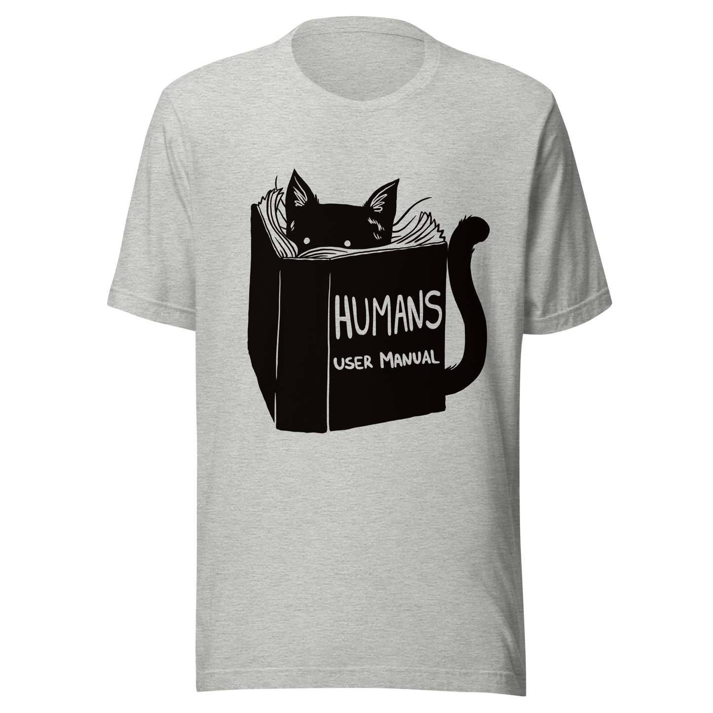 A kitten peeking out from behind a huge book titled "Humans: User Manual". This design plays on the idea that cats are trying to figure out how to control us. Perfect for cat lovers, book fans, and anyone who enjoys lighthearted humor in prints.