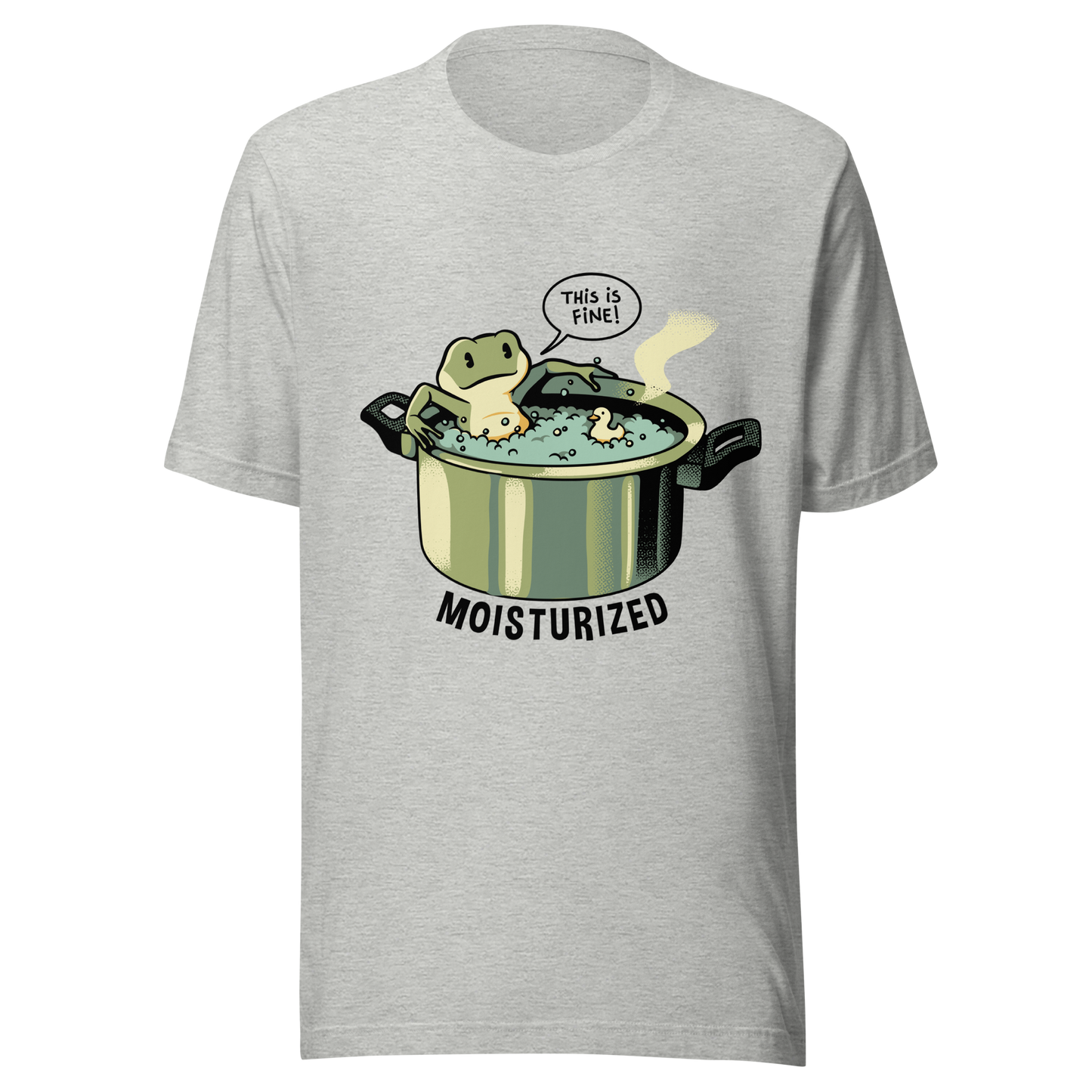 A relaxing frog enjoys a bath in a pot of boiling water while calmly saying, “This is fine”. This artwork combines sarcastic humor with an unexpectedly relaxed vibe. Perfect for frog lovers, memes, irony, and a touch of playful absurdity.