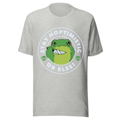 A green frog with a determined look stands beside the playful phrase “Stay Hoptimistic — Or Else”. A fun pun with a slightly chaotic twist, perfect for frog lovers and anyone who enjoys quirky, attitude-filled humor.