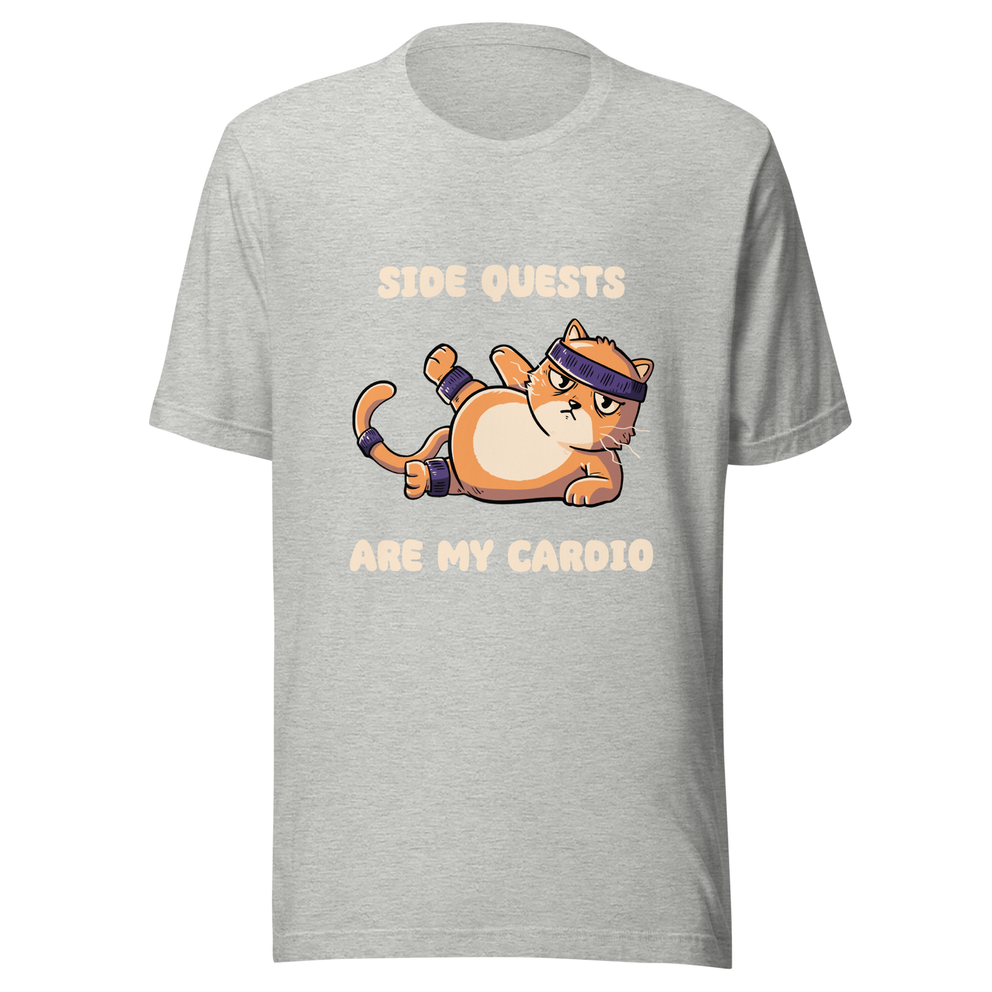 An orange kitten in gym clothes doing an aerobic workout, paired with the phrase ‘Side Quests Are My Cardio Gym Cat’. A humorous design that mixes cats, gaming vibes and fitness irony, perfect for those who prefer playful side quests over serious workouts.