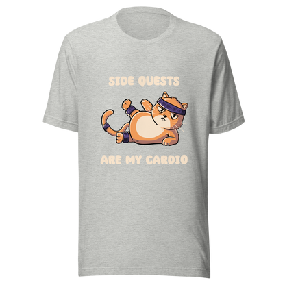 An orange kitten in gym clothes doing an aerobic workout, paired with the phrase ‘Side Quests Are My Cardio Gym Cat’. A humorous design that mixes cats, gaming vibes and fitness irony, perfect for those who prefer playful side quests over serious workouts.
