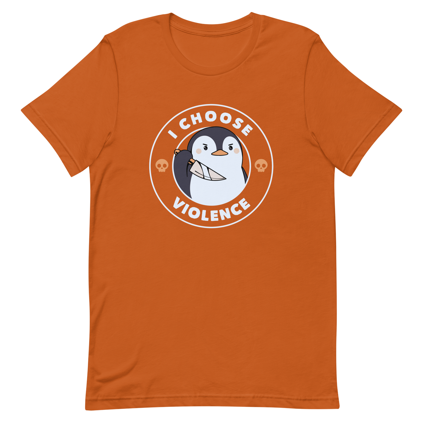 A cartoon-style penguin with a slightly menacing expression holds a large knife. It is surrounded by the words 'I CHOOSE VIOLENCE' in bold uppercase letters. There are two small orange skulls flanking the penguin. The overall design is circular and features contrasting colors for a dramatic effect.