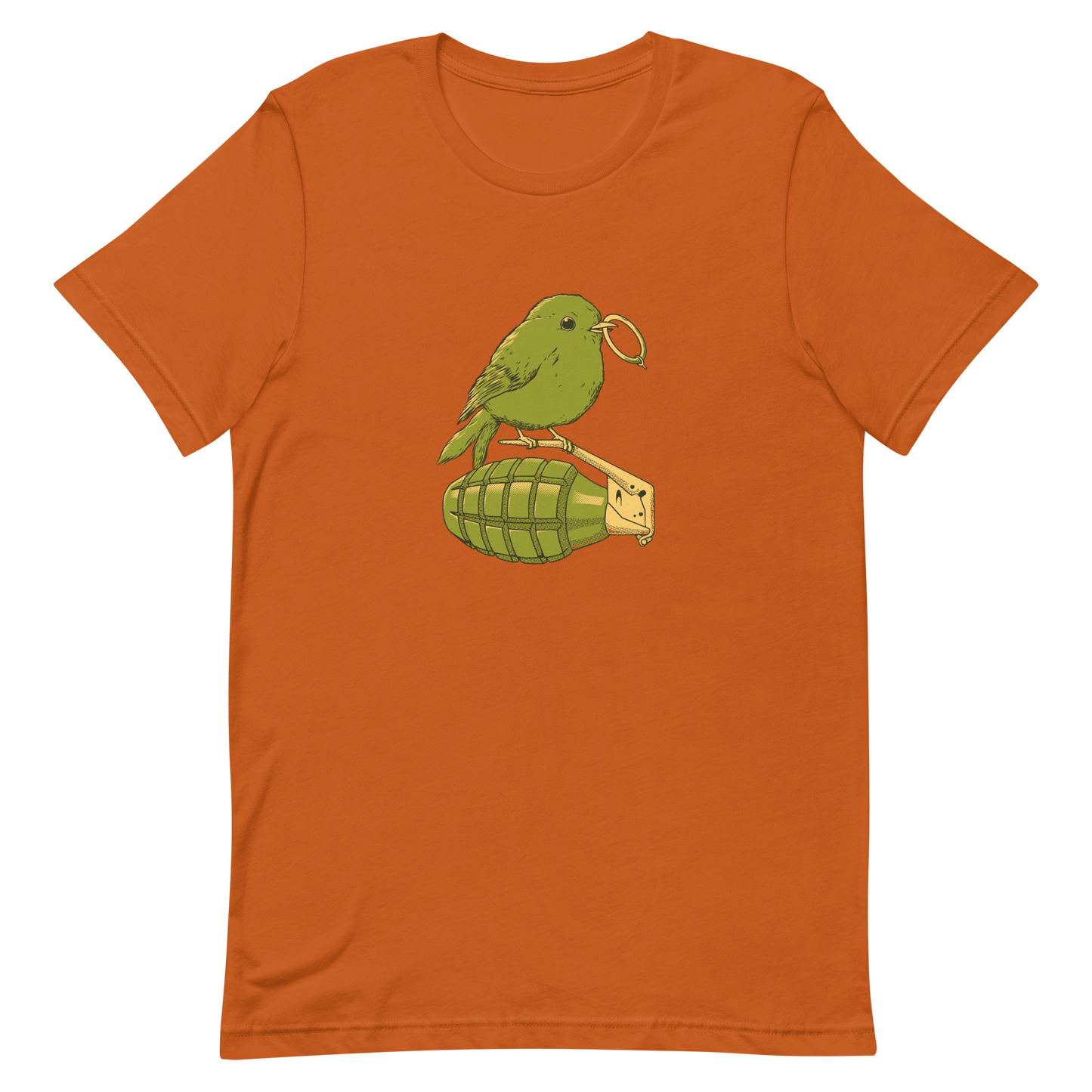 A small, detailed bird with a realistic style perches on top of a hand grenade. The bird holds the pin of the grenade in its beak, giving the image a whimsical yet ironic feel. The color palette consists of shades of green and tan, with a playful blend of nature and military elements. The overall vibe is quirky and thought-provoking, blending humor with a hint of danger.
