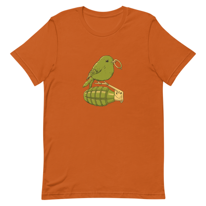 A small, detailed bird with a realistic style perches on top of a hand grenade. The bird holds the pin of the grenade in its beak, giving the image a whimsical yet ironic feel. The color palette consists of shades of green and tan, with a playful blend of nature and military elements. The overall vibe is quirky and thought-provoking, blending humor with a hint of danger.