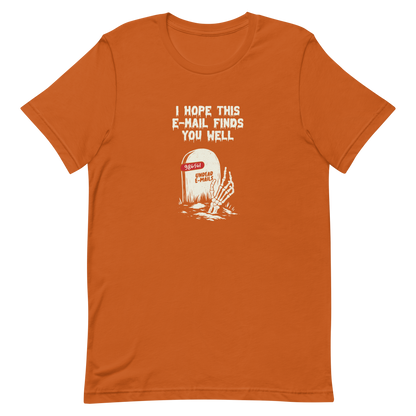 An old tombstone displays the number "986561 Undead E-mails," while a skeletal hand emerges from the ground beneath the phrase "I hope this email finds you well." This artwork plays with the everyday terror of overflowing inboxes and the dark humor of the digital world. Perfect for those who work with email, love sarcasm, and have a morbid sense of humor.