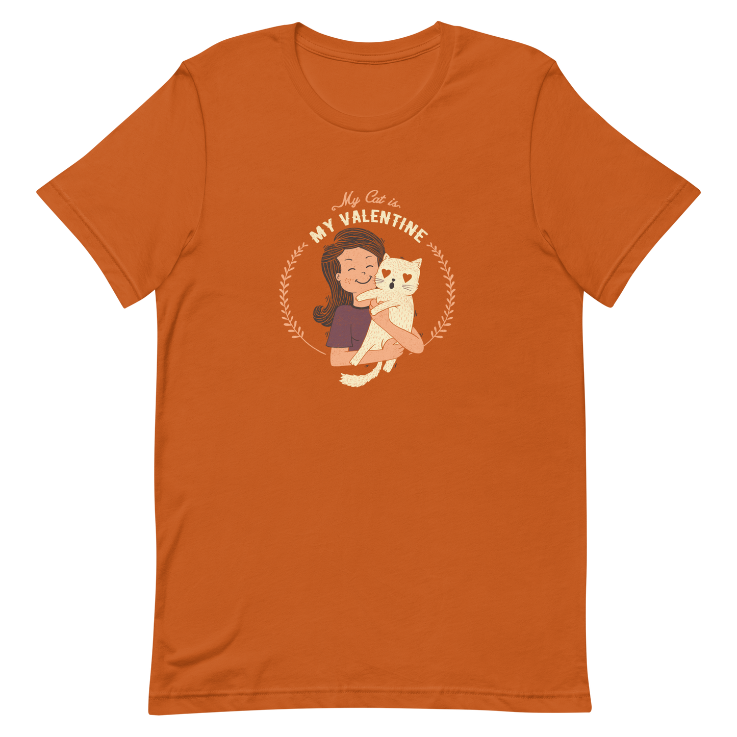 A cute illustration of a woman holding an adorable cat, paired with the phrase “My Cat Is My Valentine”. A sweet and relatable Valentine’s Day design for cat lovers.