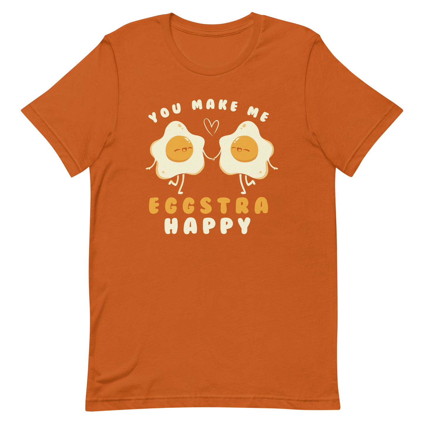 A fun and cute art of two bouncy starry eggs as if they were lovers, next to them the phrase "You make me eggstra happy". A humorous gift that combines love and eggs.