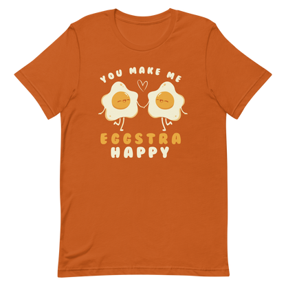A fun and cute art of two bouncy starry eggs as if they were lovers, next to them the phrase "You make me eggstra happy". A humorous gift that combines love and eggs.