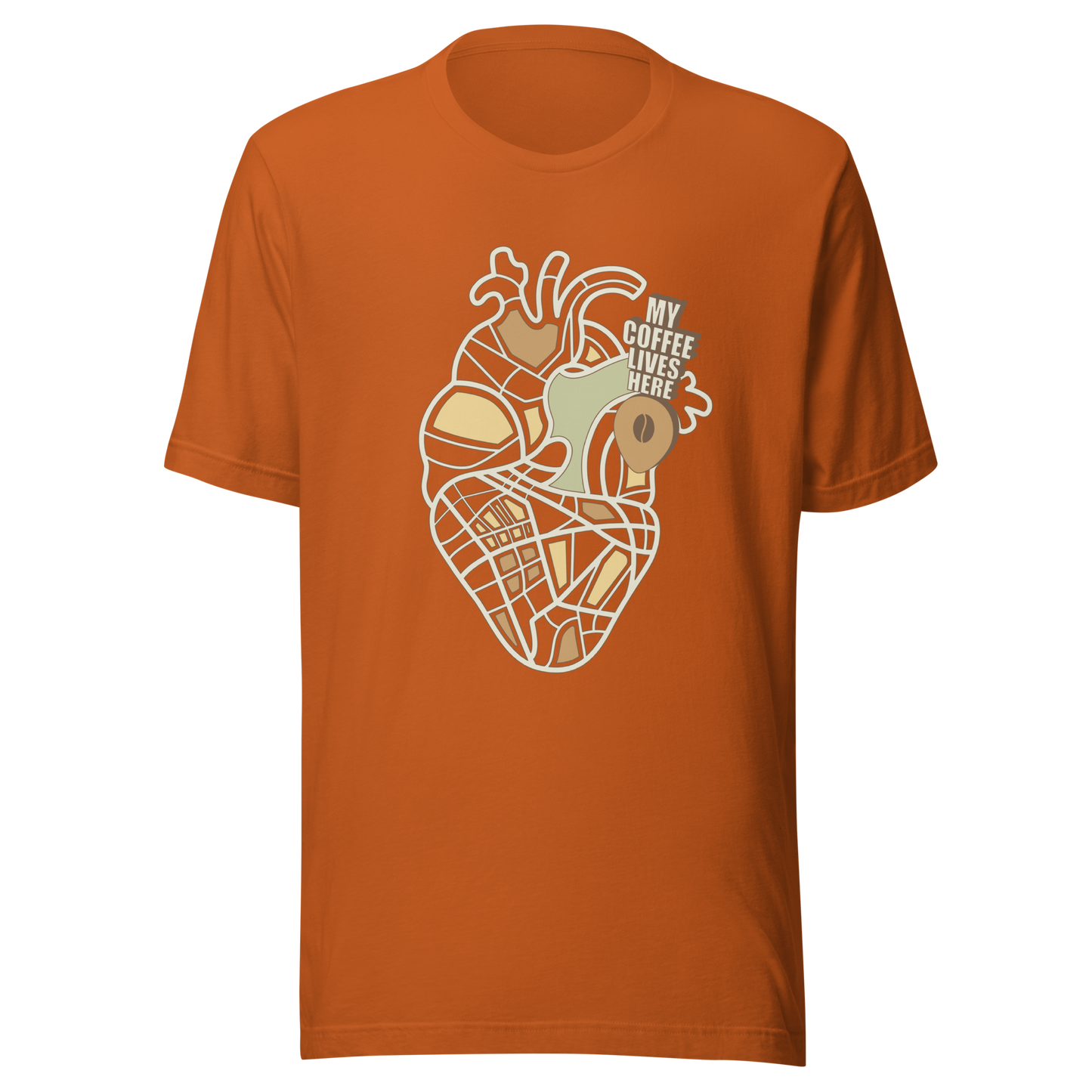 An anatomical heart illustrated like a map, marked with a small coffee-bean pin beside the phrase “My Coffee Lives Here”. A symbolic and cozy design that blends warmth and creativity, perfect for coffee lovers who treat their favorite brew as the fuel that keeps their heart beating.