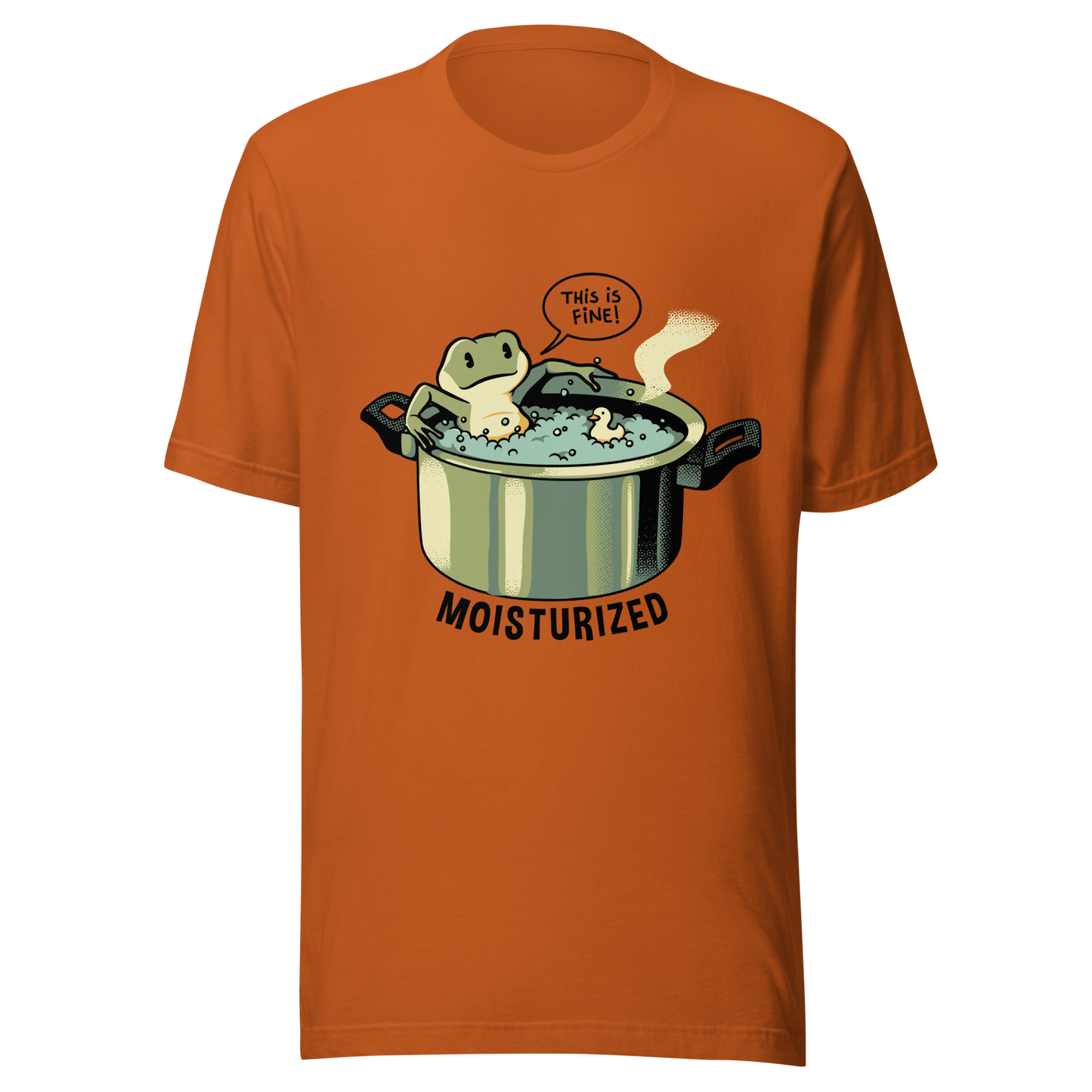 A relaxing frog enjoys a bath in a pot of boiling water while calmly saying, “This is fine”. This artwork combines sarcastic humor with an unexpectedly relaxed vibe. Perfect for frog lovers, memes, irony, and a touch of playful absurdity.