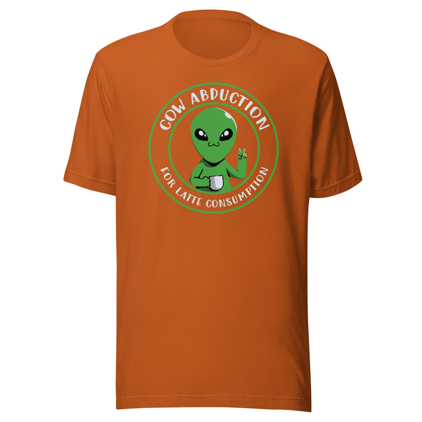 A cute alien holding a cup of coffee, paired with the phrase ‘Cow Abduction For Latte Consumption’. A playful and humorous design that mixes sci-fi vibes with coffee obsession. Perfect for coffee lovers, alien enthusiasts, and anyone who enjoys quirky, funny art with a cosmic twist.