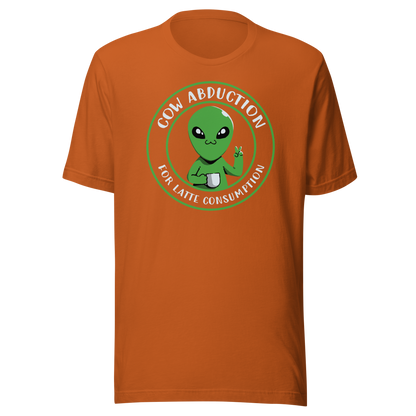 A cute alien holding a cup of coffee, paired with the phrase ‘Cow Abduction For Latte Consumption’. A playful and humorous design that mixes sci-fi vibes with coffee obsession. Perfect for coffee lovers, alien enthusiasts, and anyone who enjoys quirky, funny art with a cosmic twist.