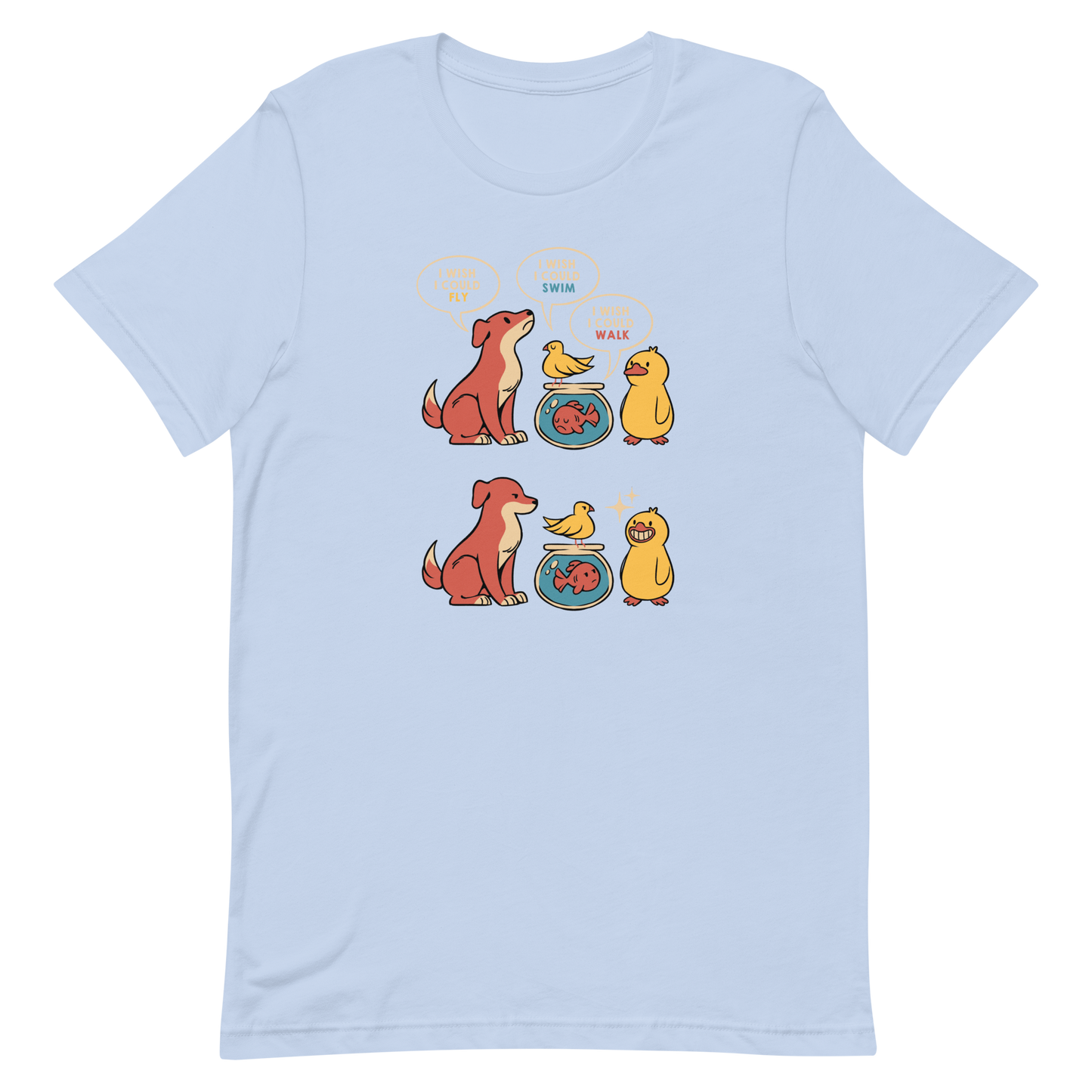 This funny and heartwarming illustration shows a dog, a bird, a fish and a duck each wishing they could do what the others can — fly, swim or walk. In the end, the duck proudly realizes it can do all three, delivering a cute reminder to appreciate your own abilities. A perfect illustration for animal lovers and fans of positive, humorous art.
