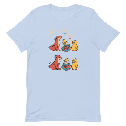 This funny and heartwarming illustration shows a dog, a bird, a fish and a duck each wishing they could do what the others can — fly, swim or walk. In the end, the duck proudly realizes it can do all three, delivering a cute reminder to appreciate your own abilities. A perfect illustration for animal lovers and fans of positive, humorous art.