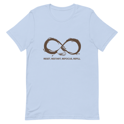 A coffee cup spills endlessly, forming an infinity symbol made of flowing coffee. This artwork celebrates the endless cycle of energy, focus, and motivation that keeps us going. Perfect for coffee lovers, caffeine addicts, and anyone who believes that every restart begins with a refill.