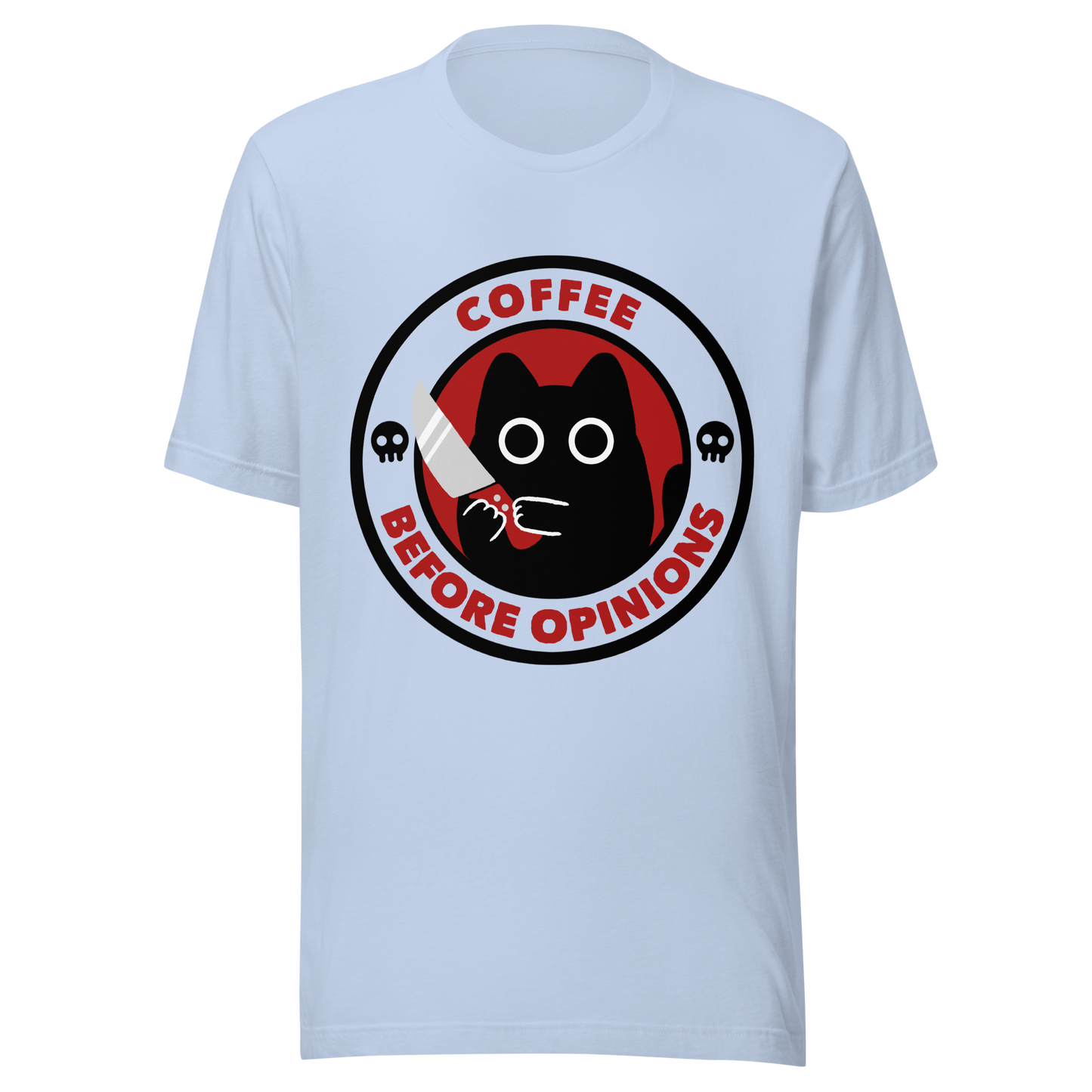 The illustration, in shades of red and black, features a wide-eyed black kitten holding a knife at the centre. Surrounding the cat is the phrase ‘Coffee Before Opinions’. A fun and cheeky gift for those who love cats and can’t function without their coffee.
