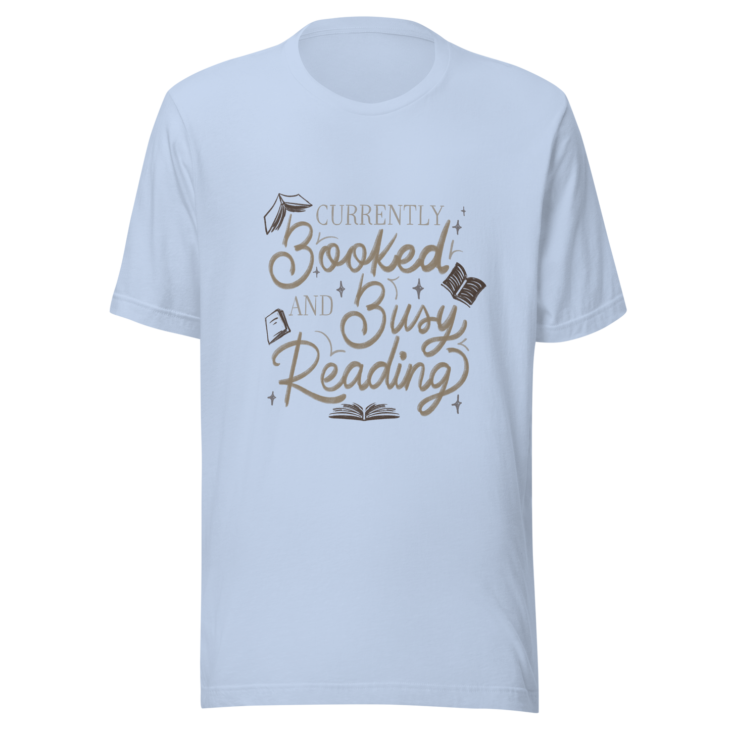 A warm hand-lettered typography featuring the phrase ‘Currently Booked and Busy Reading’, accented with delicate book illustrations and subtle sparkles on a dark background. A cozy, elegant design that celebrates the joy of reading, perfect for book lovers, students, introverts, and anyone who would rather be reading.