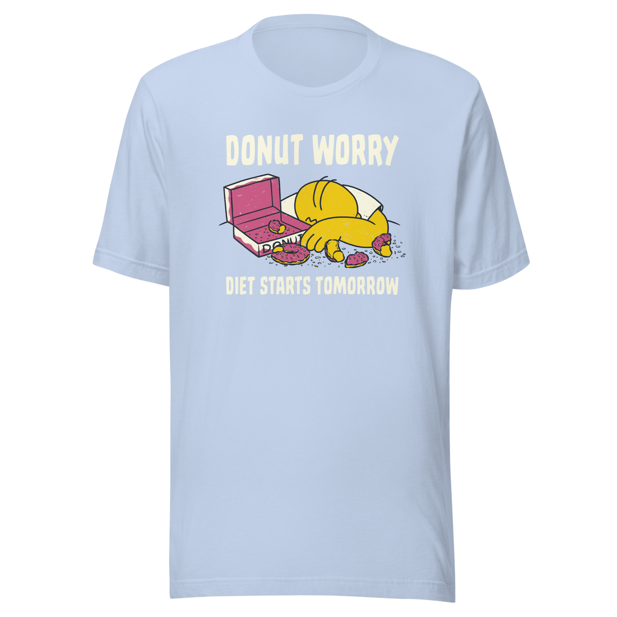 A playful design featuring a sleepy yellow cartoon character next to an open box of donuts, surrounded by crumbs and icing, with the phrase “Donut Worry Diet Starts Tomorrow”. Sweet, relatable and full of humor, it’s the perfect gift for donut lovers and anyone who believes diets can always start tomorrow.
