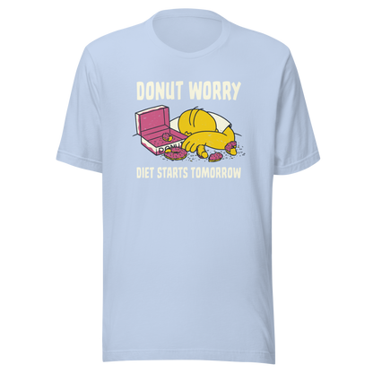 A playful design featuring a sleepy yellow cartoon character next to an open box of donuts, surrounded by crumbs and icing, with the phrase “Donut Worry Diet Starts Tomorrow”. Sweet, relatable and full of humor, it’s the perfect gift for donut lovers and anyone who believes diets can always start tomorrow.