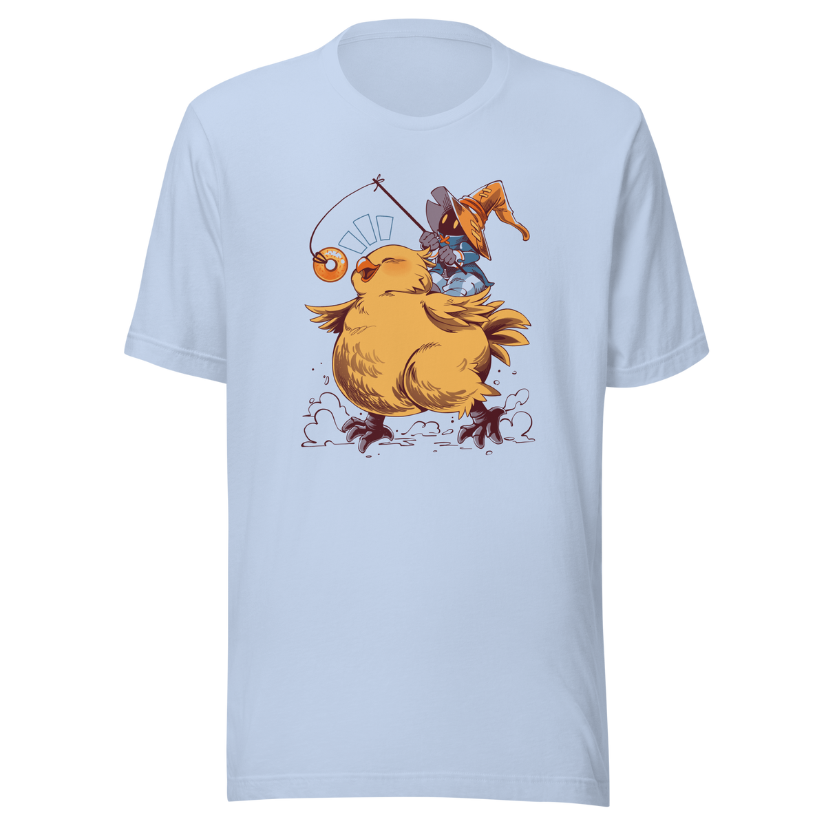 A tiny wizard rides a chunky yellow bird while chasing a dangling donut, mixing cute fantasy chaos, retro RPG charm, and playful adventure in a fun whimsical design.