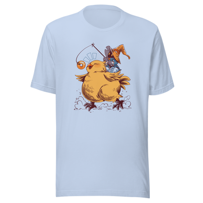 A tiny wizard rides a chunky yellow bird while chasing a dangling donut, mixing cute fantasy chaos, retro RPG charm, and playful adventure in a fun whimsical design.