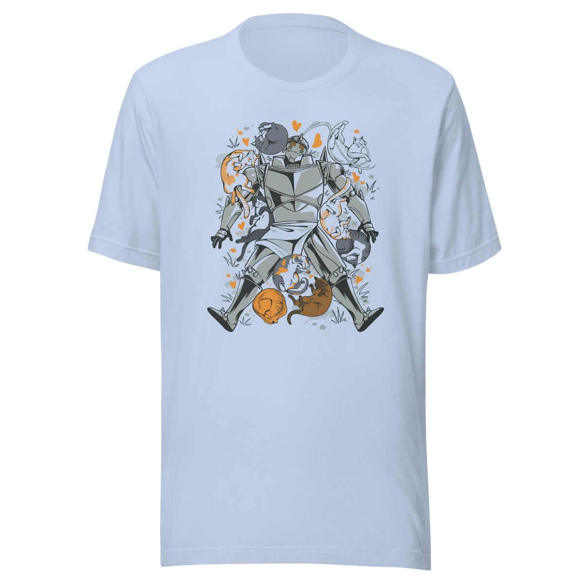 A steel-armored warrior surrounded by sleeping and playful cats, with orange hearts and tiny flowers scattered around. The humorous illustration combines medieval armor with a cozy feline theme.