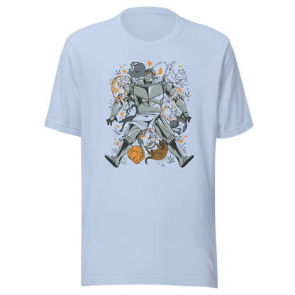 A steel-armored warrior surrounded by sleeping and playful cats, with orange hearts and tiny flowers scattered around. The humorous illustration combines medieval armor with a cozy feline theme.