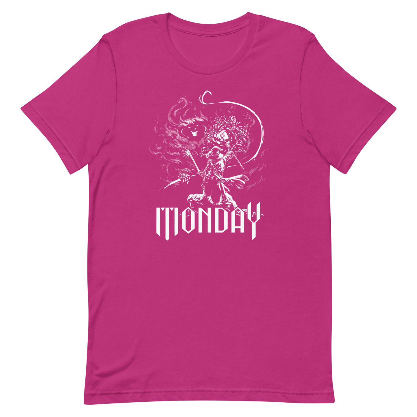 A white fantasy-style illustration showing a wizard standing on a rock, wielding a staff and sword, casting a spell toward a swirling dark, smoky monster with glowing eyes and mouth. The word “MONDAY” appears in large, bold, gothic letters at the bottom, symbolizing the wizard battling the chaos of Monday.