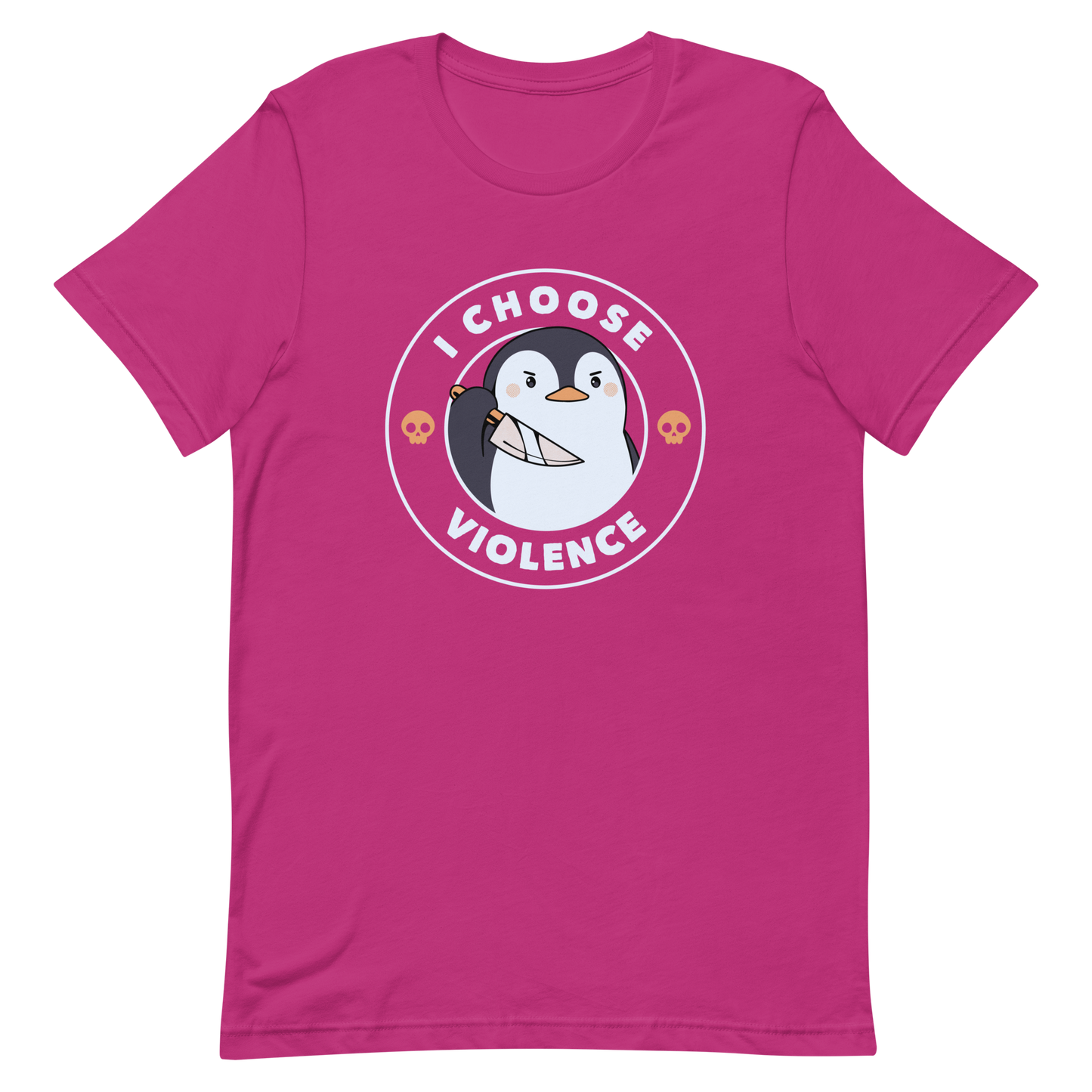A cartoon-style penguin with a slightly menacing expression holds a large knife. It is surrounded by the words 'I CHOOSE VIOLENCE' in bold uppercase letters. There are two small orange skulls flanking the penguin. The overall design is circular and features contrasting colors for a dramatic effect.