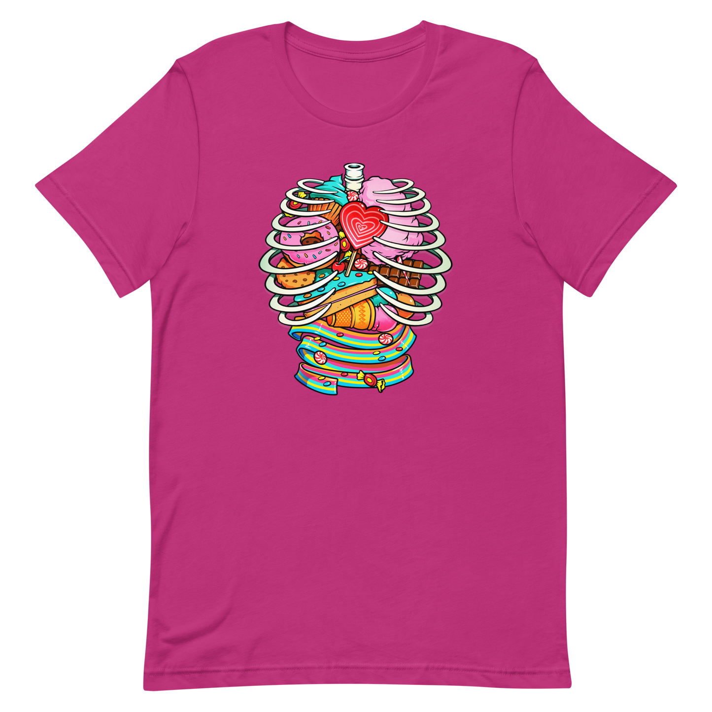 This vibrant design features a detailed, cartoonish human ribcage with various colorful candies and sweets filling the cavity. The sweets include a heart-shaped lollipop, cookies, cotton candy, chocolate bars, ice cream, donuts, and colorful candy strips. The style is reminiscent of pop art with bold lines and vivid colors, making it visually striking and playful.