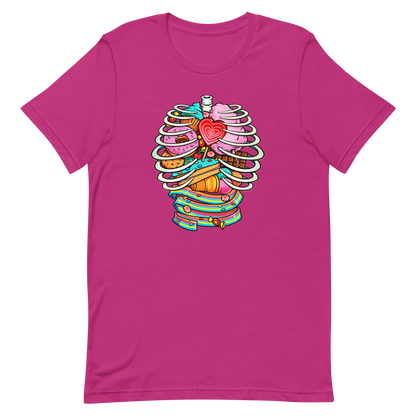 This vibrant design features a detailed, cartoonish human ribcage with various colorful candies and sweets filling the cavity. The sweets include a heart-shaped lollipop, cookies, cotton candy, chocolate bars, ice cream, donuts, and colorful candy strips. The style is reminiscent of pop art with bold lines and vivid colors, making it visually striking and playful.