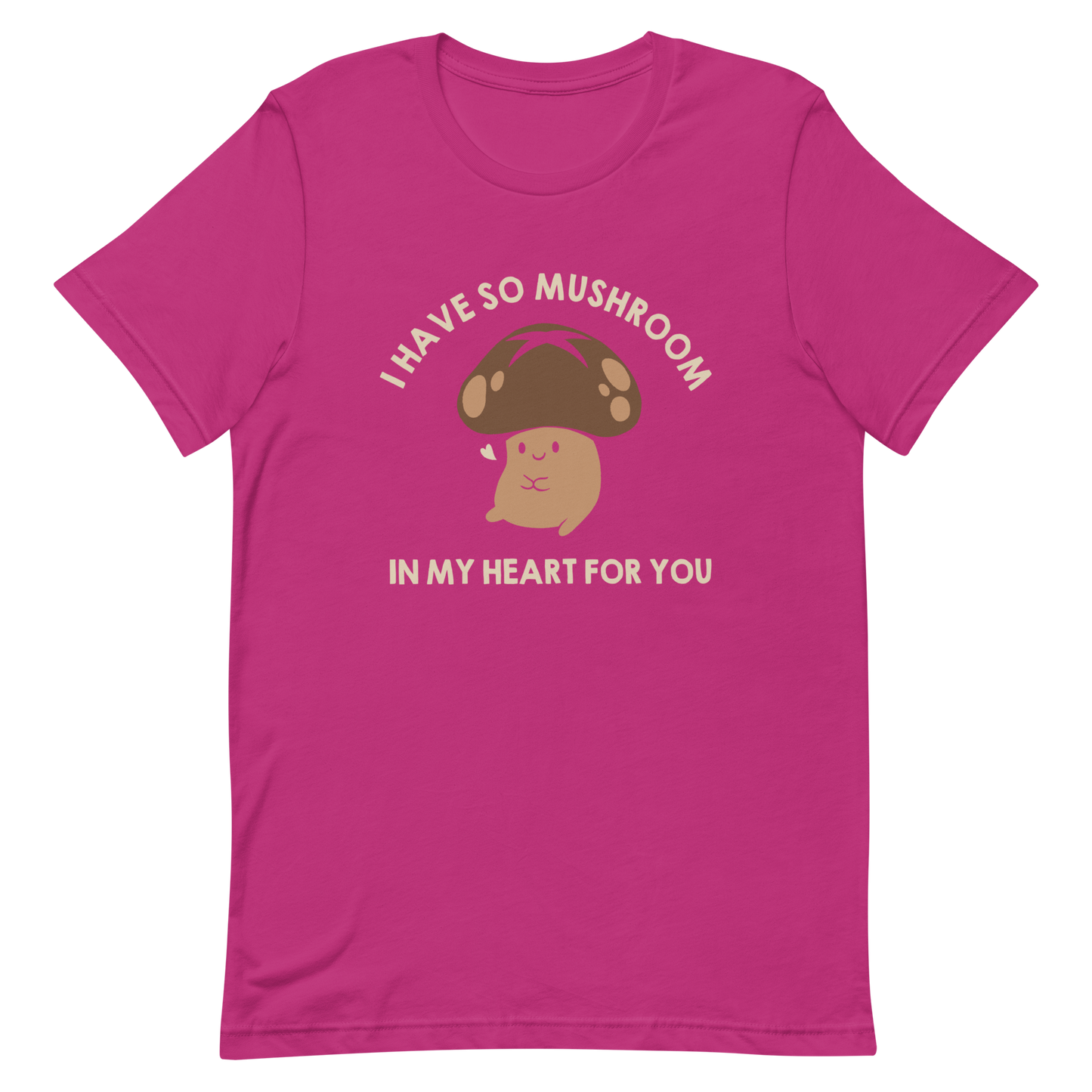 A chubby mushroom with a big smile and a tiny heart sits happily under the phrase “I have so mushroom in my heart for you”. This playful pun combines cuteness and affection in the most charming way possible. Perfect for nature lovers, pun fans, and anyone who enjoys a touch of adorable humor.