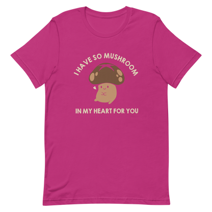 A chubby mushroom with a big smile and a tiny heart sits happily under the phrase “I have so mushroom in my heart for you”. This playful pun combines cuteness and affection in the most charming way possible. Perfect for nature lovers, pun fans, and anyone who enjoys a touch of adorable humor.