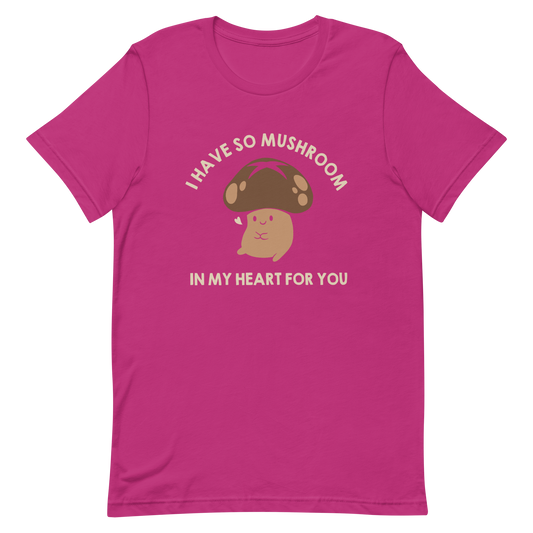 A chubby mushroom with a big smile and a tiny heart sits happily under the phrase “I have so mushroom in my heart for you”. This playful pun combines cuteness and affection in the most charming way possible. Perfect for nature lovers, pun fans, and anyone who enjoys a touch of adorable humor.