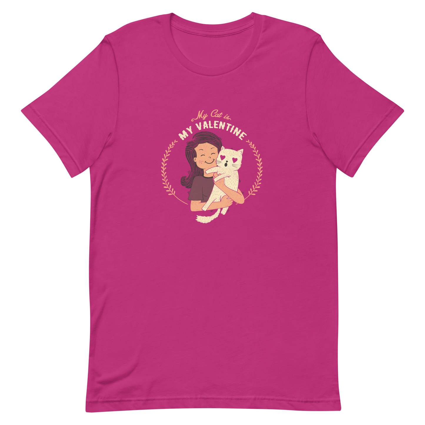 A cute illustration of a woman holding an adorable cat, paired with the phrase “My Cat Is My Valentine”. A sweet and relatable Valentine’s Day design for cat lovers.