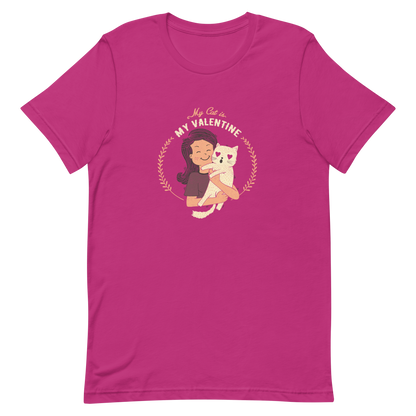 A cute illustration of a woman holding an adorable cat, paired with the phrase “My Cat Is My Valentine”. A sweet and relatable Valentine’s Day design for cat lovers.